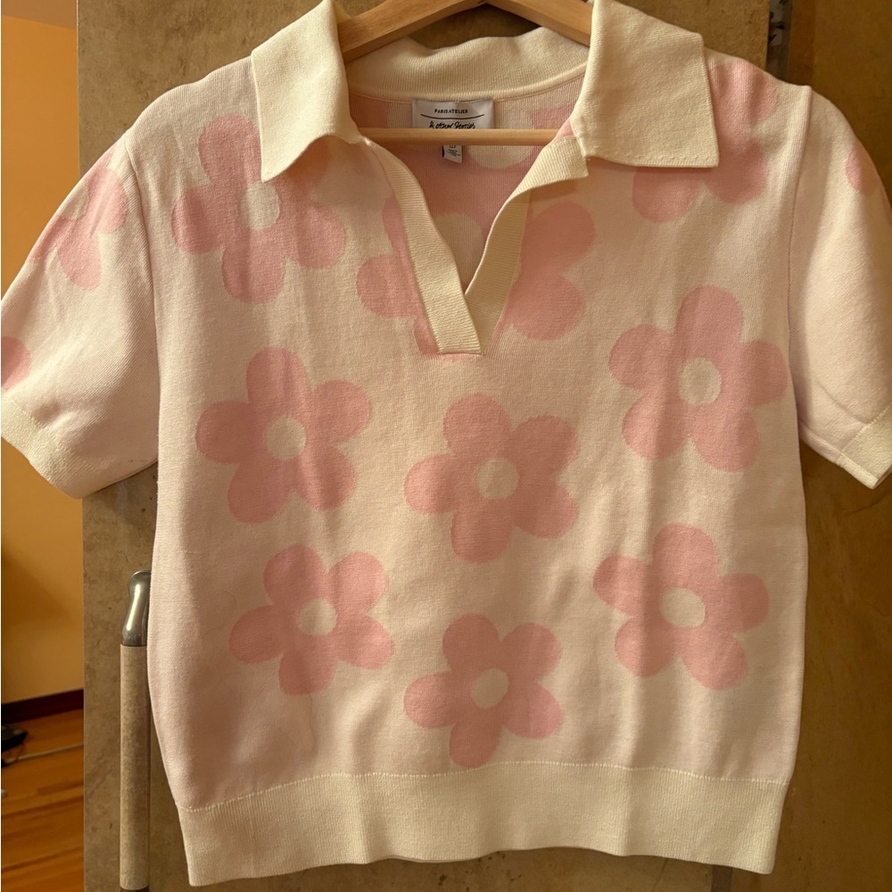 & Other Stories Pink Floral Knit Polo Shirt size S